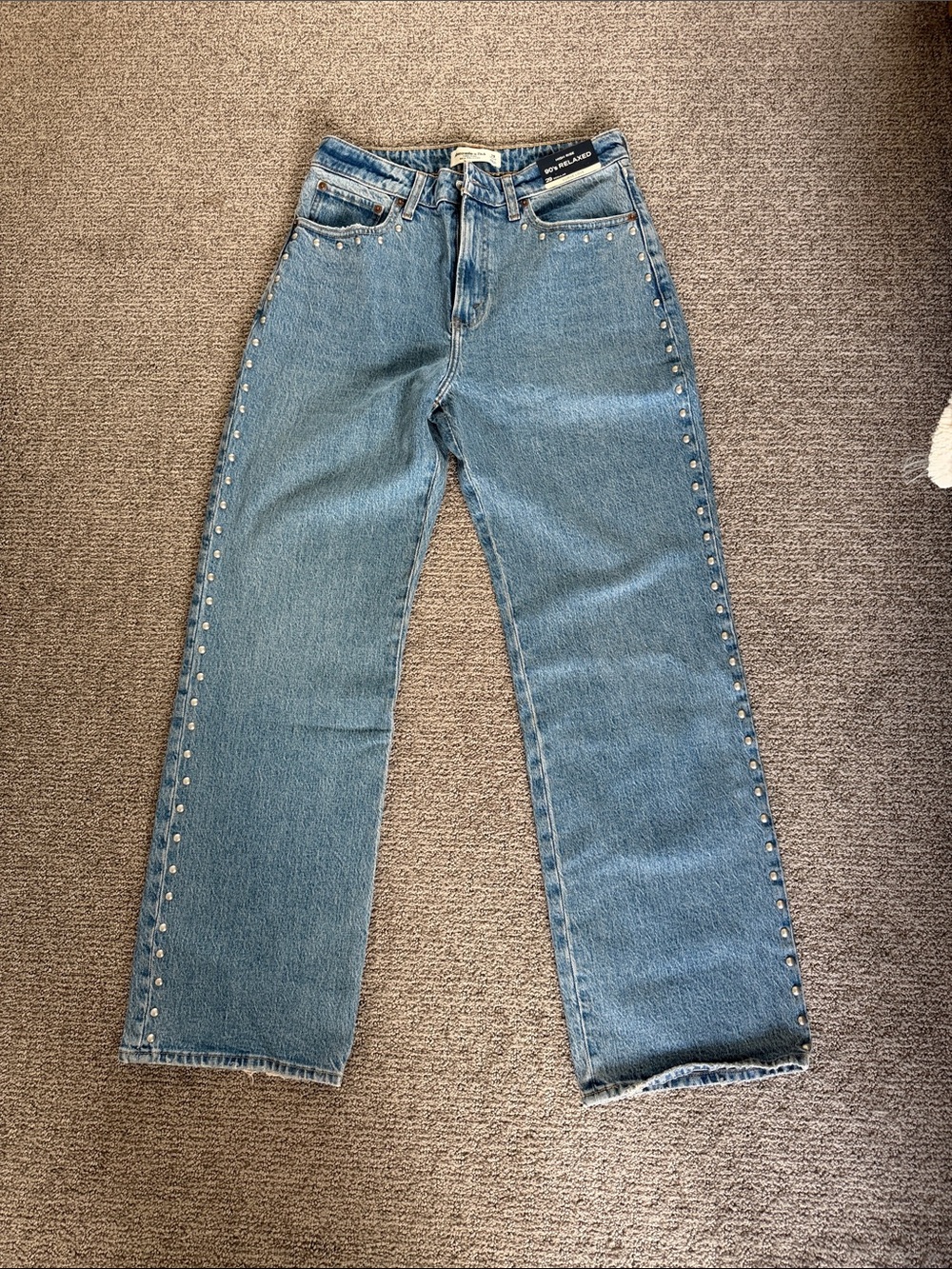 Stud-Trim Light Blue Women's Straight Jeans